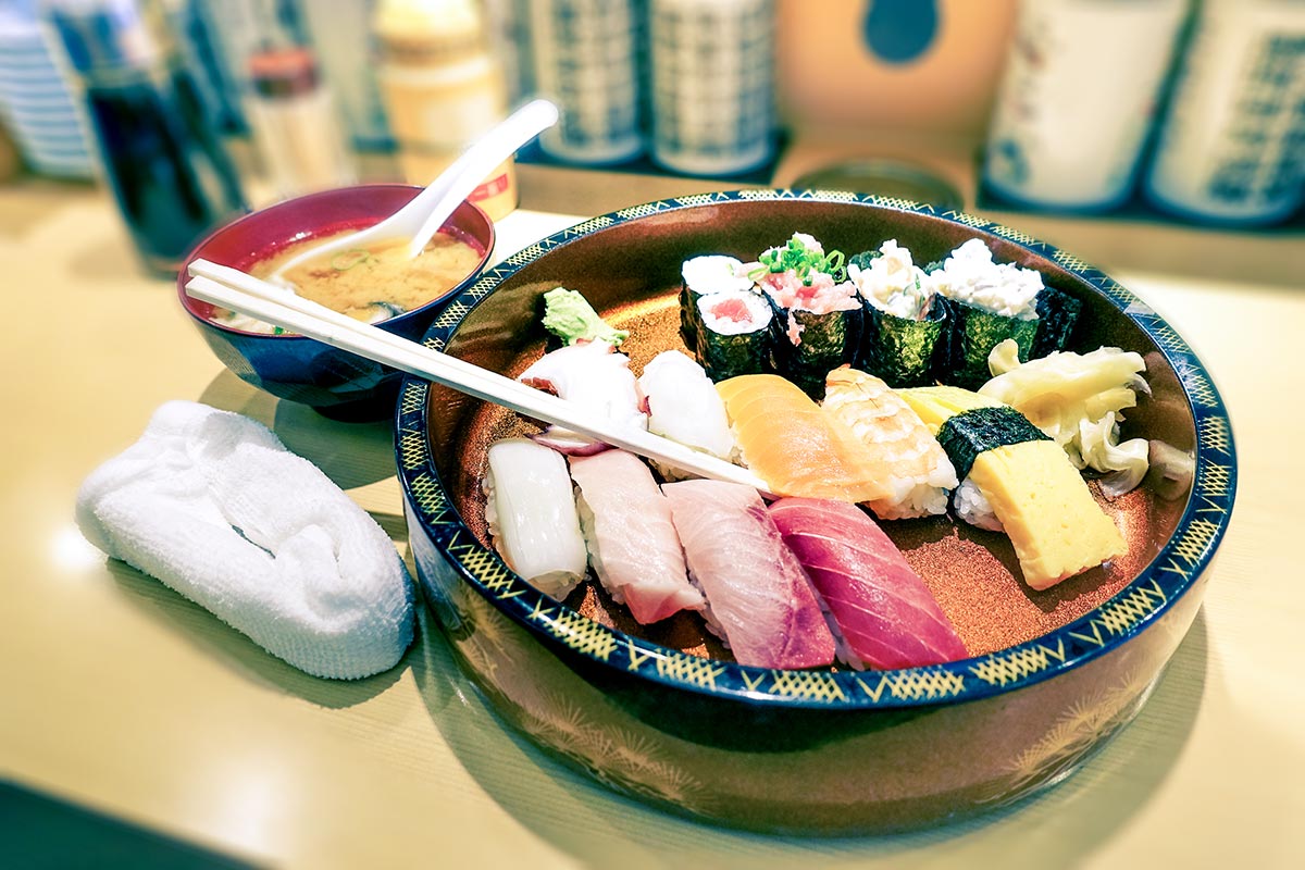 Original plate of nigiri at restaurant in Tokyo